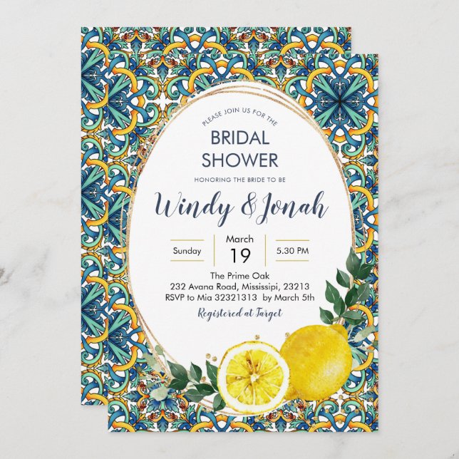 Italian Blue Tiles Lemon MainSqueeze Bridal Shower Invitation (Front/Back)
