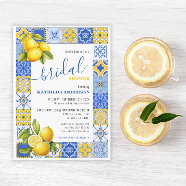 Italian Blue Tiles Lemon Summer Bridal Shower Invitation (Italian Blue Tiles Lemon Summer Bridal Shower Invitation)