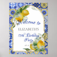 Italian Blue Tiles Lemons Watercolor Party Welcome