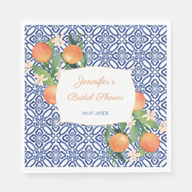 Italian Blue Tiles Sweet Oranges Bridal Shower Napkin (Front)