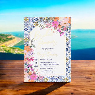Italian blue tiles watercolor floral bridal shower