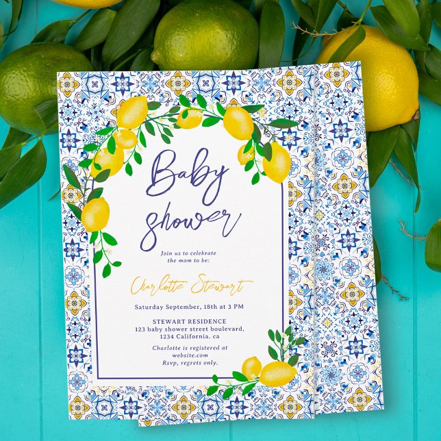Italian blue tiles watercolor lemon baby shower invitation (Creator Uploaded)