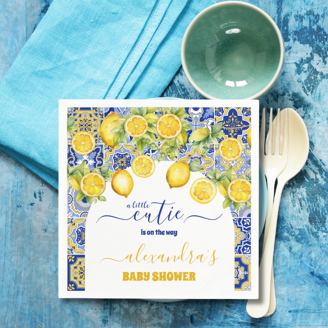 Italian blue tiles watercolor lemon baby shower napkin (Creator Uploaded)