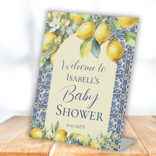 Italian blue tiles watercolor lemon baby  welcome  pedestal sign