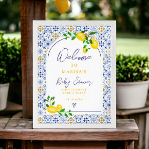 Italian blue tiles watercolor lemon baby welcome poster