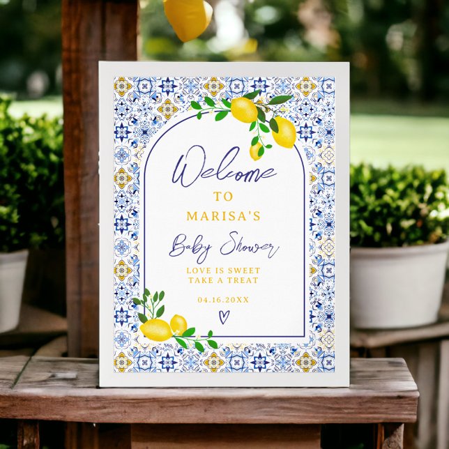 Italian blue tiles watercolor lemon baby welcome poster (Italian blue tiles watercolor lemon baby welcome poster)
