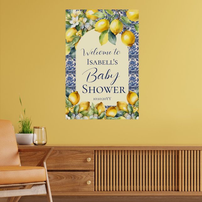 Italian blue tiles watercolor lemon baby  welcome  poster (Living Room 2)