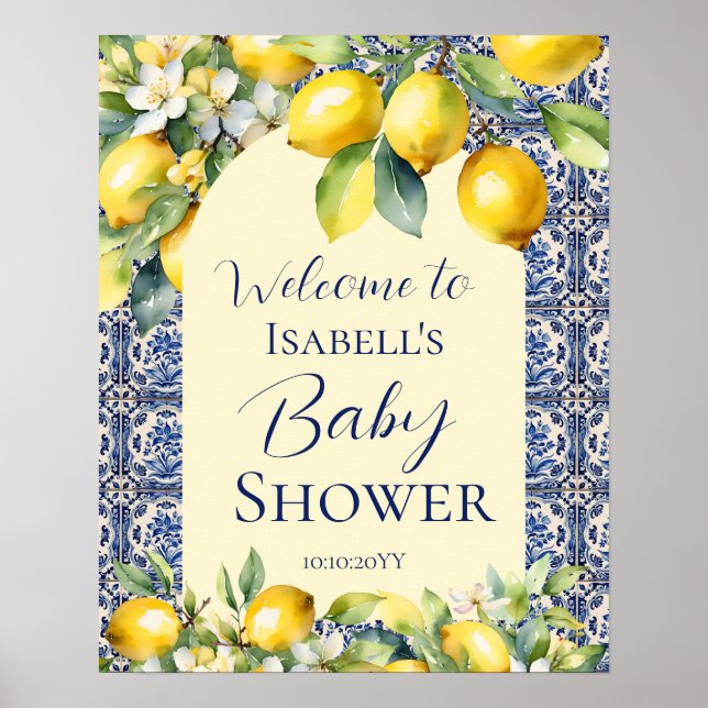 Italian blue tiles watercolor lemon baby  welcome  poster (Front)