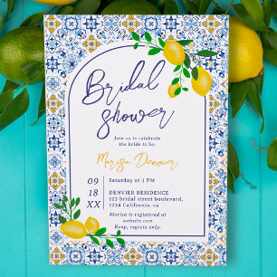 Italian blue tiles watercolor lemon bridal shower invitation