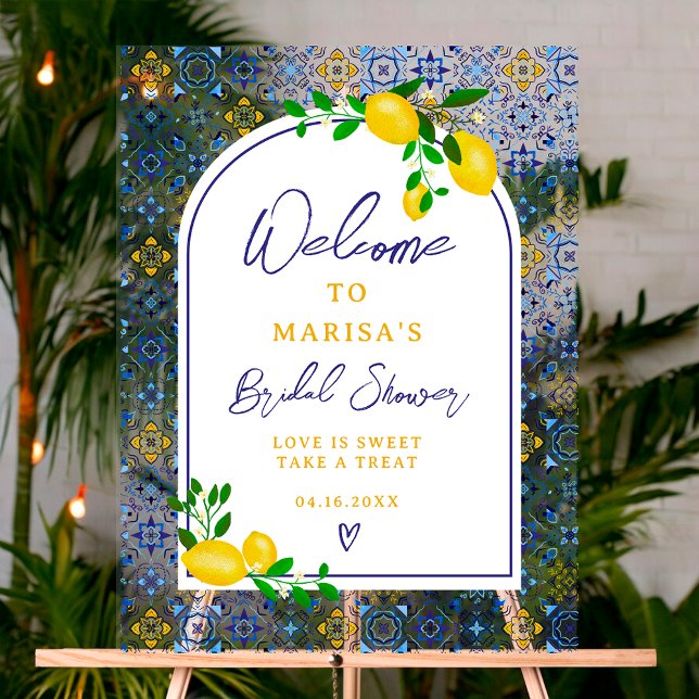 Italian blue tiles watercolor lemon bridal welcome acrylic sign (Italian blue tiles watercolor lemon bridal welcome acrylic sign)