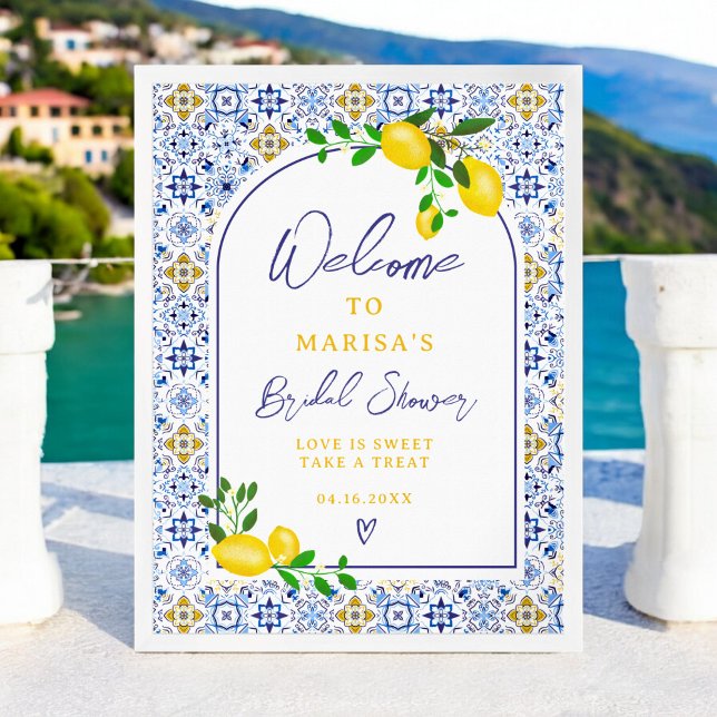 Italian blue tiles watercolor lemon bridal welcome poster (Italian blue tiles watercolor lemon bridal welcome poster)