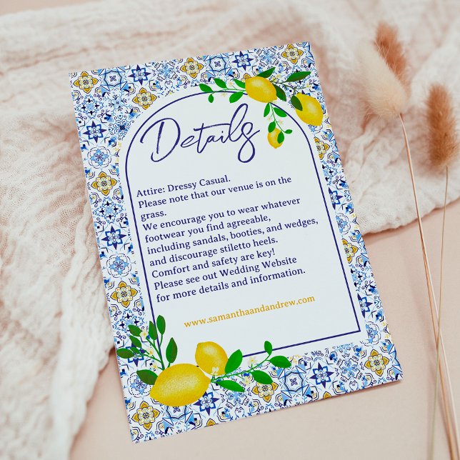Italian blue tiles watercolor lemon wedding detail enclosure card (Italian blue tiles watercolor lemon wedding detail enclosure card)