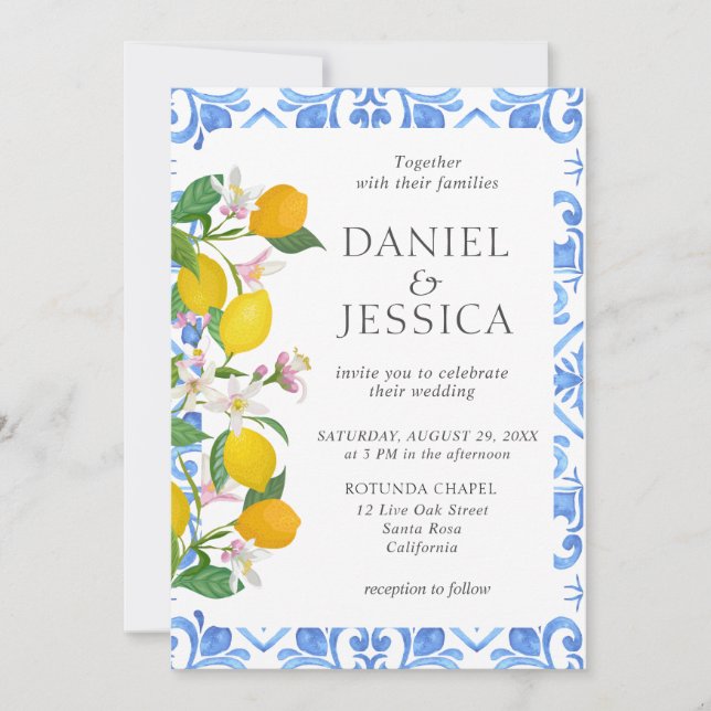 Italian blue tiles watercolor lemon wedding invitation (Front)