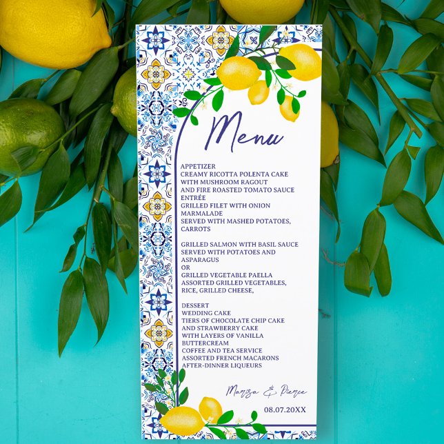 Italian blue tiles watercolor lemon wedding menu (Creator Uploaded)
