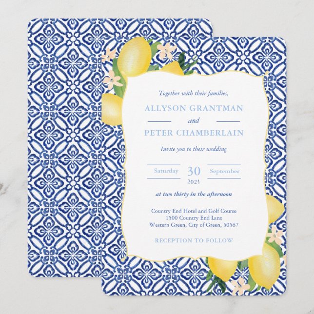 Italian Blue Tiles Watercolor Lemons Wedding Invitation (Front/Back)