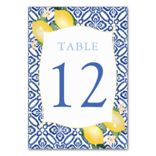 Italian Blue Tiles Watercolor Lemons Wedding Table Number