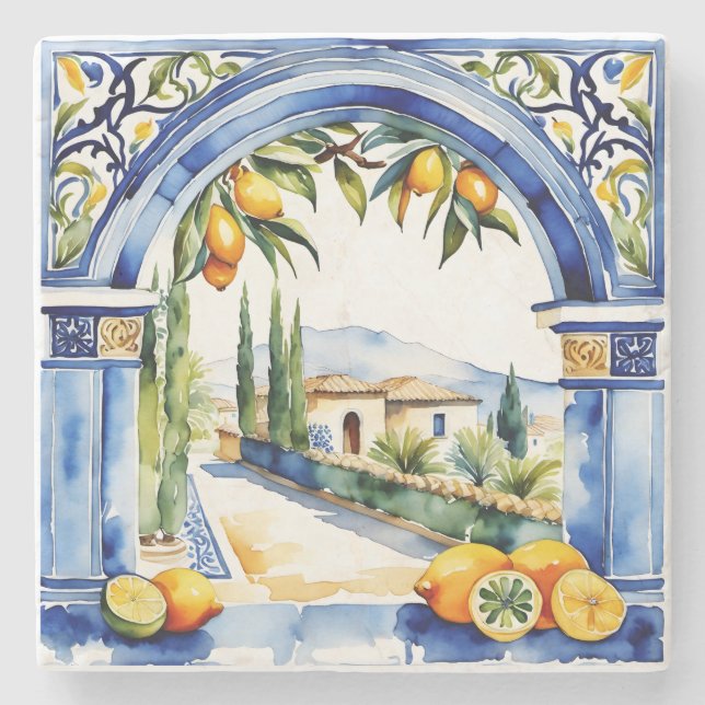 Italian blue tiles with lemons rural scenery stone coaster (Front)