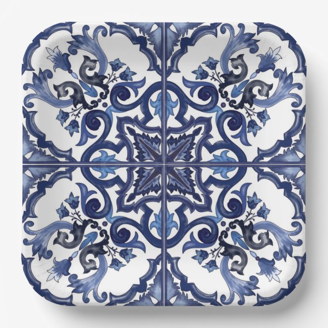 Italian Blue & White Sicilian Majolica Mosaic Paper Plate (Front)