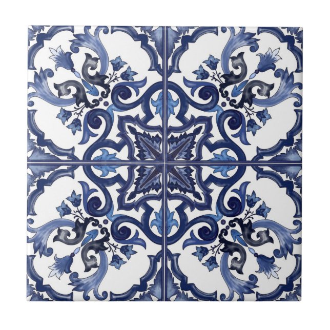 Italian Blue & White Sicilian Majolica Mosaic Tile (Front)