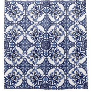Italian Blue & White Sicilian Majolica Tiles Shower Curtain