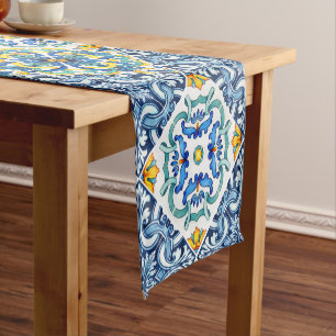 Italian blue yellow Majolica tiles Short Table Runner