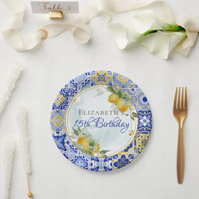 Italian Blue Yellow Tiles Lemons Citrus Gold Frame Paper Plate (Wedding)