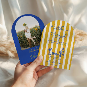 Italian Blue Yellow Written Photo Arch Wedding Invitation