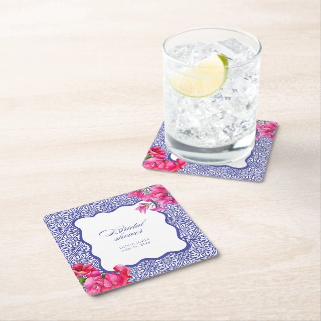 Italian bougainvillea bridal shower square paper coaster (Insitu)