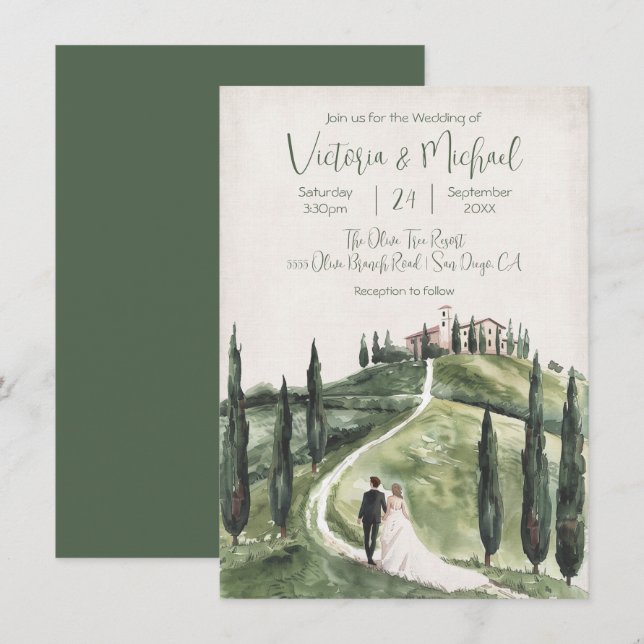 Italian bride & groom cyprus hillside wedding invitation (Front/Back)