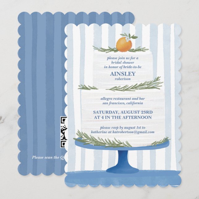 Italian Cake Blue Striped Bridal Shower Invite (Front/Back)