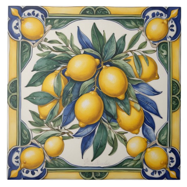 Italian Ceramic Lemon Tile Blue Majolica (Front)