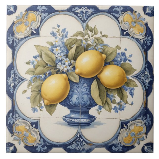 Italian Ceramic Lemons Tile Blue White  (Front)