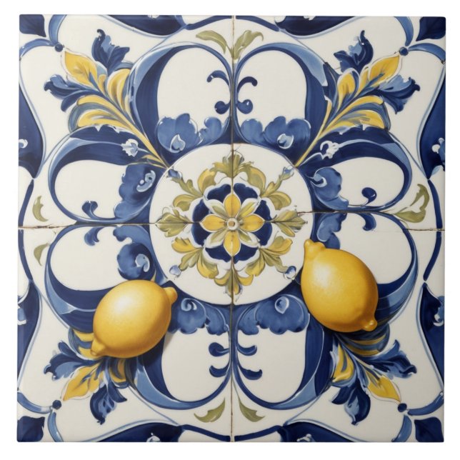 Italian Ceramic Lemons Tile Blue White  (Front)