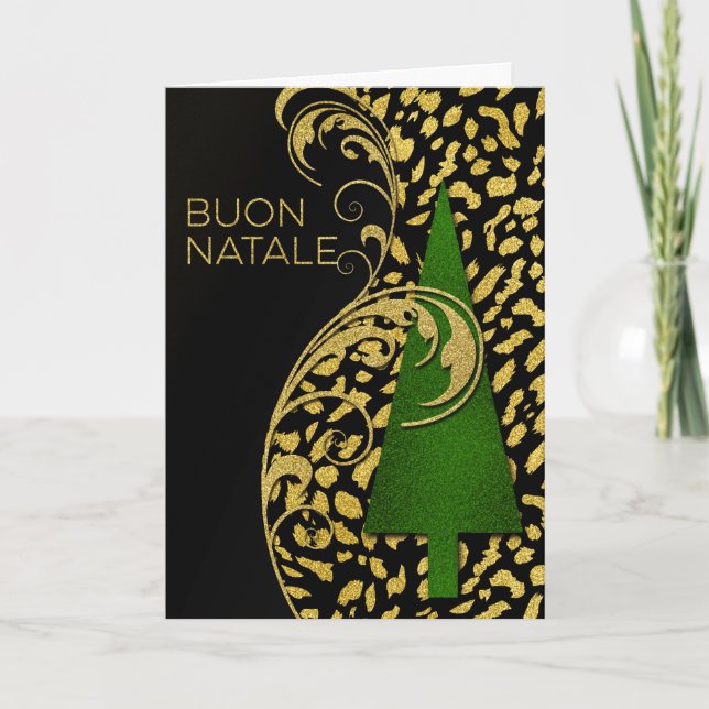 Italian Christmas Buon Natale! Green and Faux Gold Holiday Card (Front)