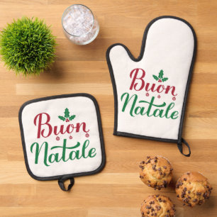 Italian Christmas Buon Natale Kitchen  Oven Mitt & Pot Holder Set