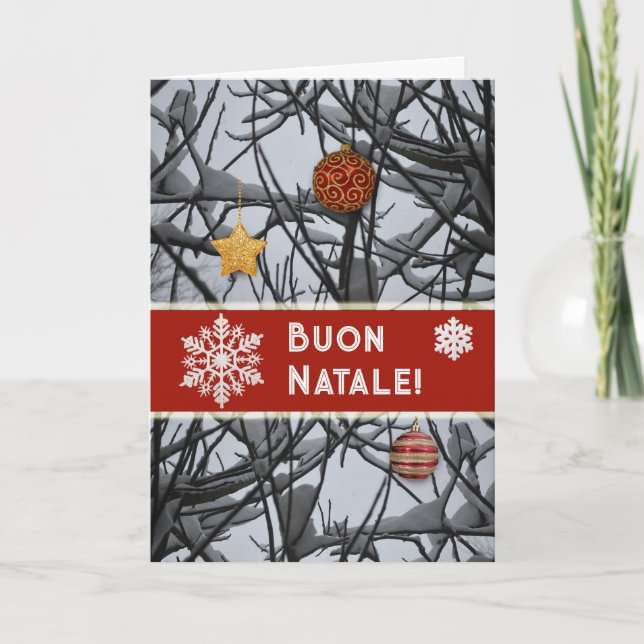 Italian Christmas Ornaments on Snowy Branches Holiday Card (Front)