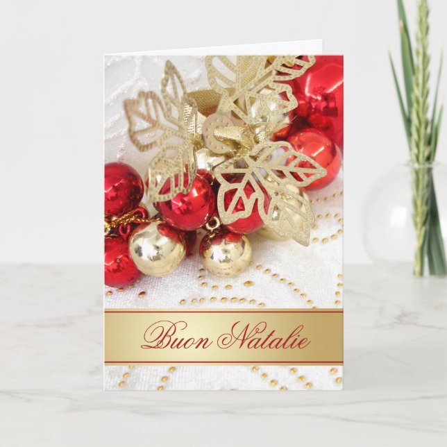Italian Christmas Red Gold Baubles Leaves Holiday Card (Front)