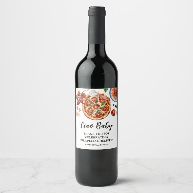 Italian Ciao Baby Pizza Red Baby Shower  Wine Label (Front)