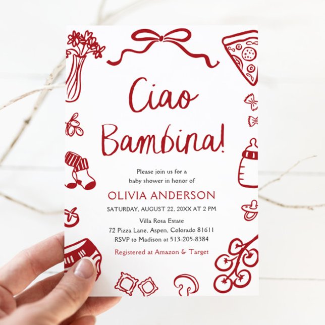 Italian Ciao Bambina Girl Whimsical Baby Shower Invitation (Watercolor Ciao Bambina Whimsical Italian Pizza Baby Shower Invitation)