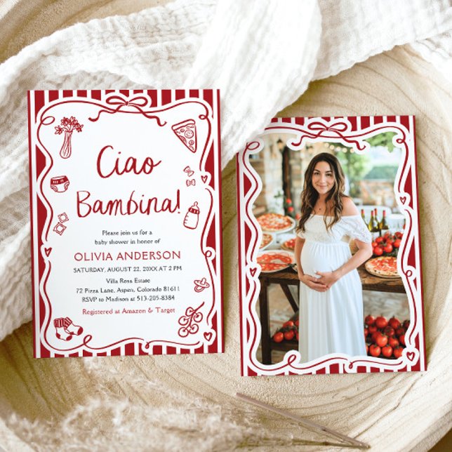 Italian Ciao Bambina Girl Whimsical Baby Shower Invitation (Watercolor Ciao Bambina Girl Whimsical Italian Baby Shower Invitation)