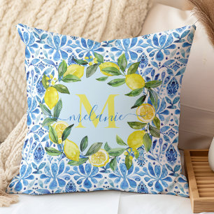 Italian Citrus & Blue Tiles Custom Name Monogram Cushion