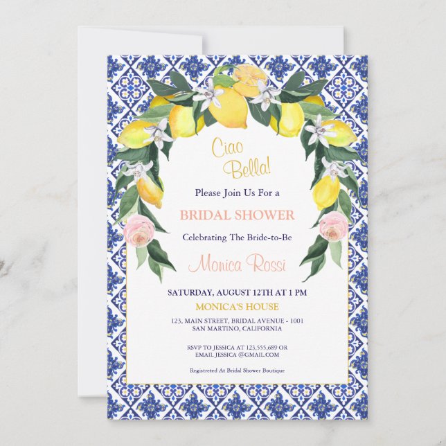 Italian Citrus Blue Tiles Summer Bridal Shower  Invitation (Front)