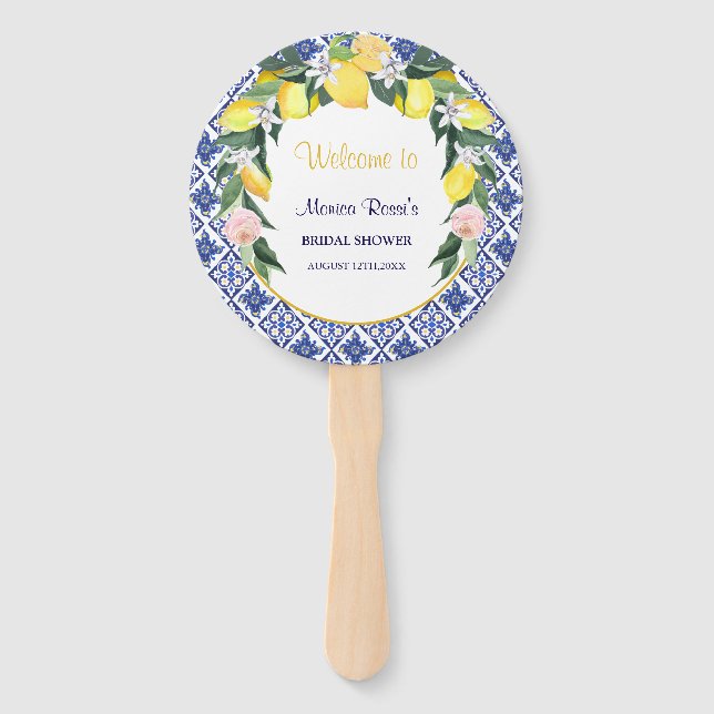 Italian Citrus Lemon Blue Tiles Bridal Shower  Hand Fan (Front)