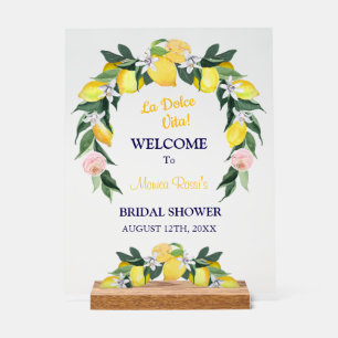 Italian Citrus Lemon Wreath Blue Bridal Shower  Acrylic Sign