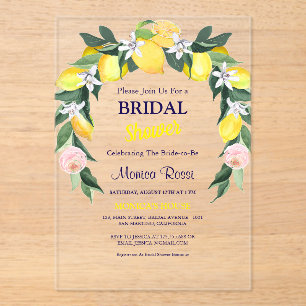 Italian Citrus Lemons Wreath Blue Bridal Shower Acrylic Invitations