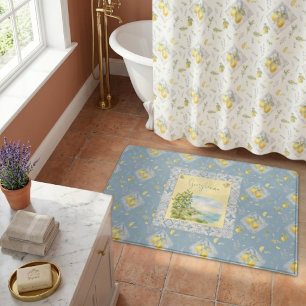 Italian Coast Monogram Name Watercolor Lemon Tile Bath Mat