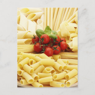 Italian cuisine. Pasta and tomatoes. Postcard