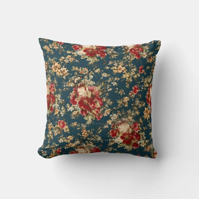 Italian Exquisite Floral Pattern in Red and Teal  Cushion (Front)