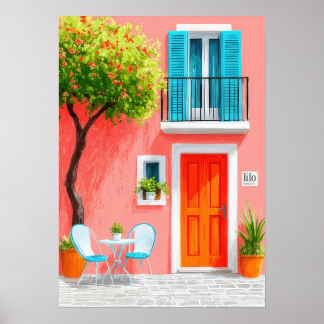 Italian facade with a blooming tree poster (Front)