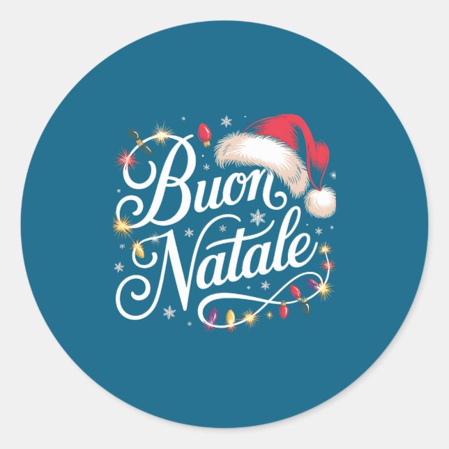 Italian Family Christmas Lights Red Santa Hat Buon Classic Round Sticker (Front)